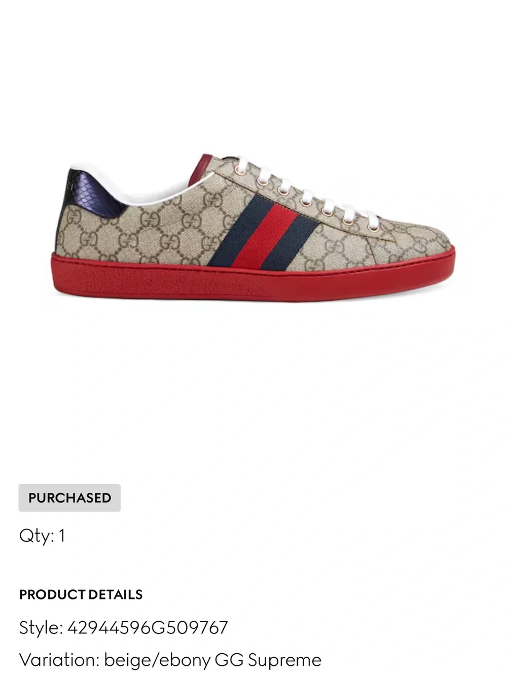 Gucci Beige GG Supreme Sneaker with Red Sole and Navy-Red Web